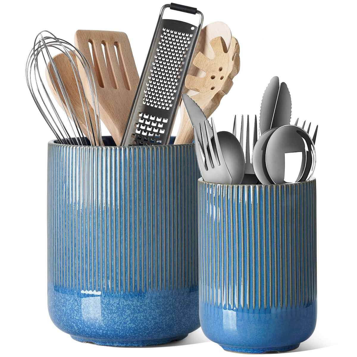 LE TAUCI Utensil Holder Set 2 on countertop with coastal navy finish for organized cooking.