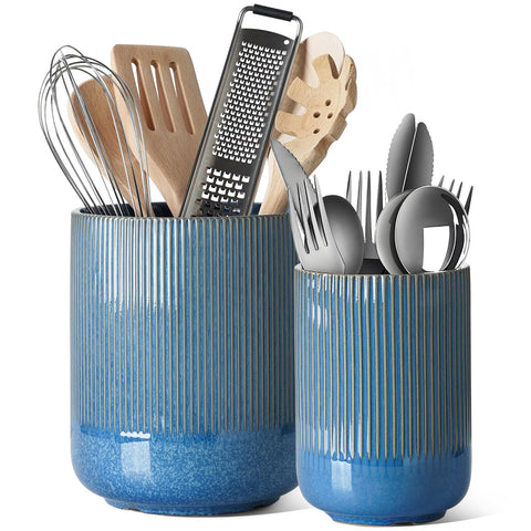 LE TAUCI Utensil Holder Set 2 on countertop with coastal navy finish for organized cooking.