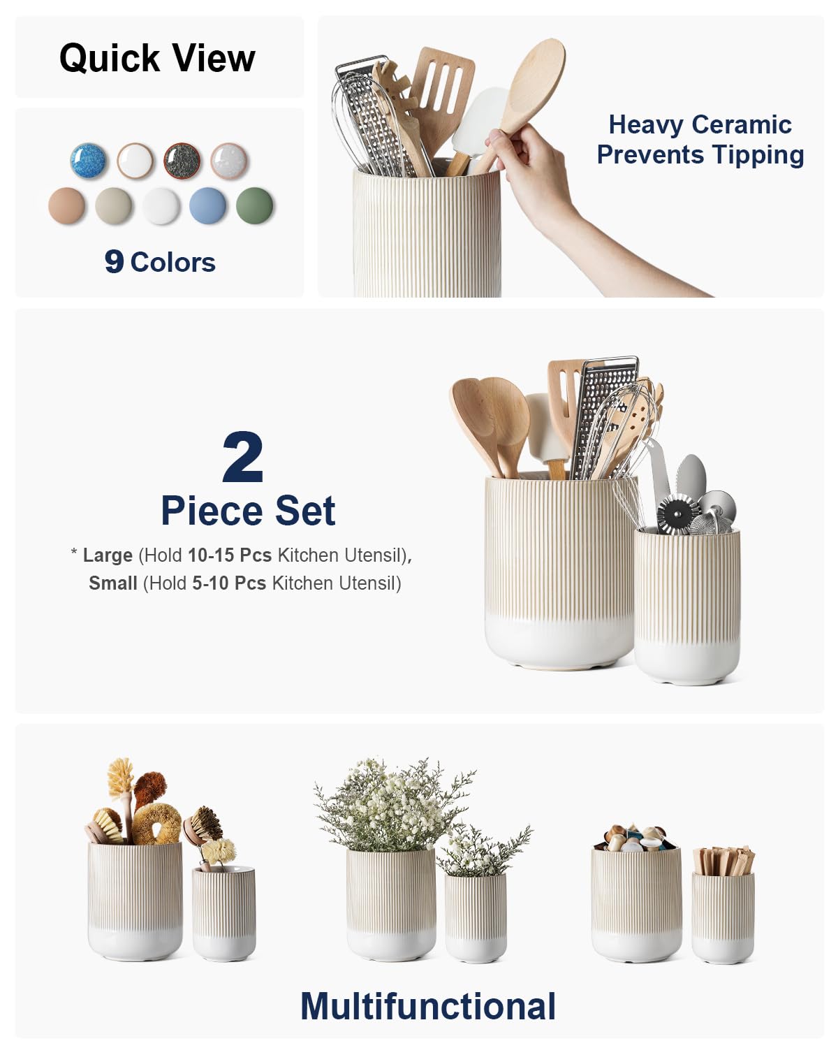 LE TAUCI small arctic white ceramic utensil holder fits compact counters