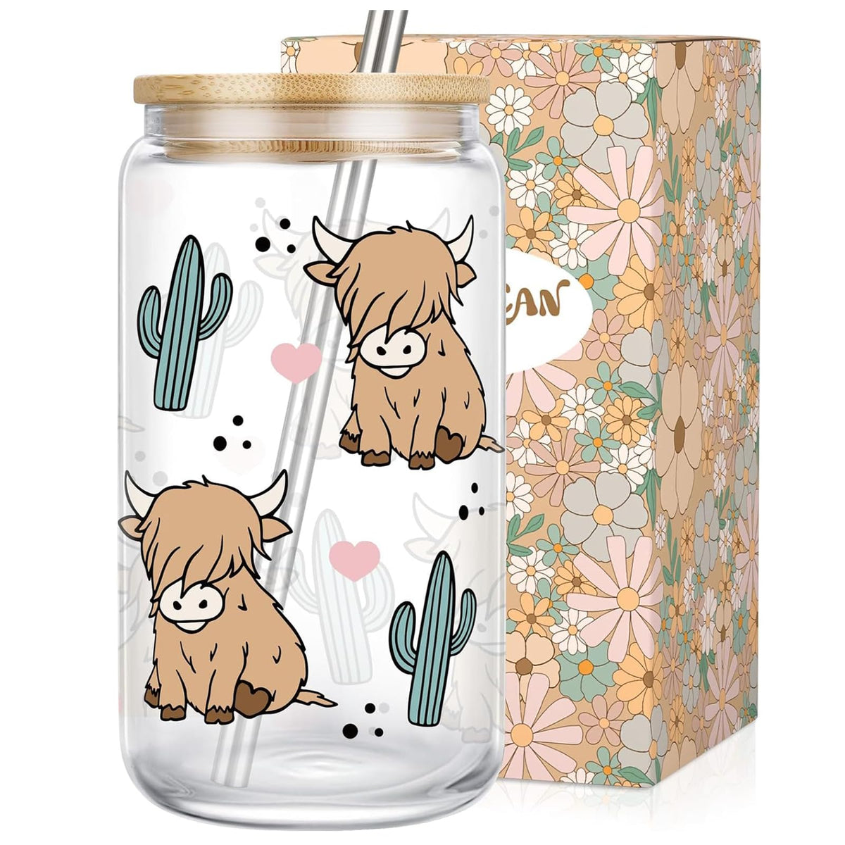 LEADO Highland Cow Cup with pink hearts design, cozy mornings.