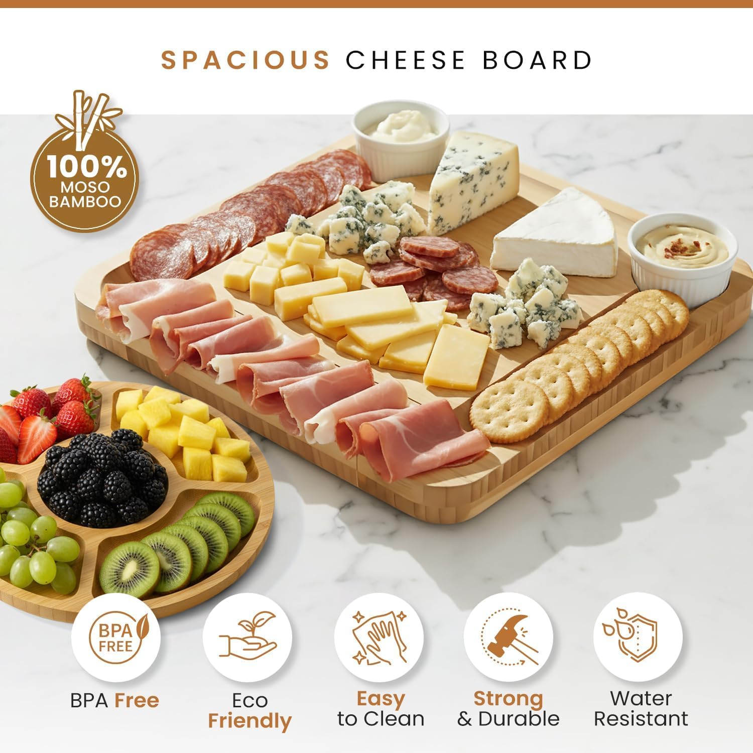 Leaf & Grain stainless steel knife set complements the board for serving.