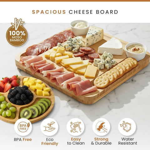 Leaf & Grain stainless steel knife set complements the board for serving.