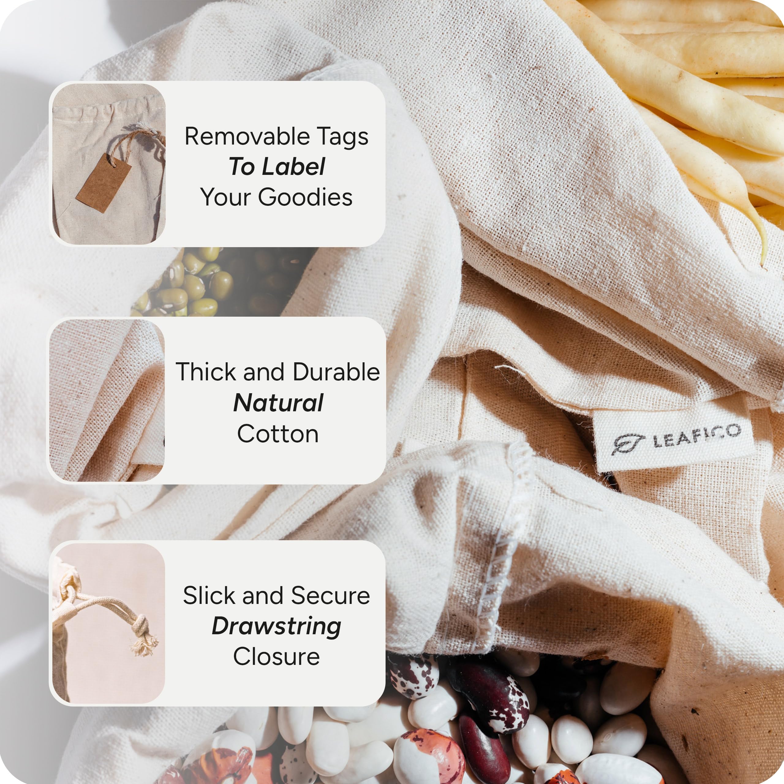 Leafico bread bags with drawstrings, versatile for snacks and bakery items.