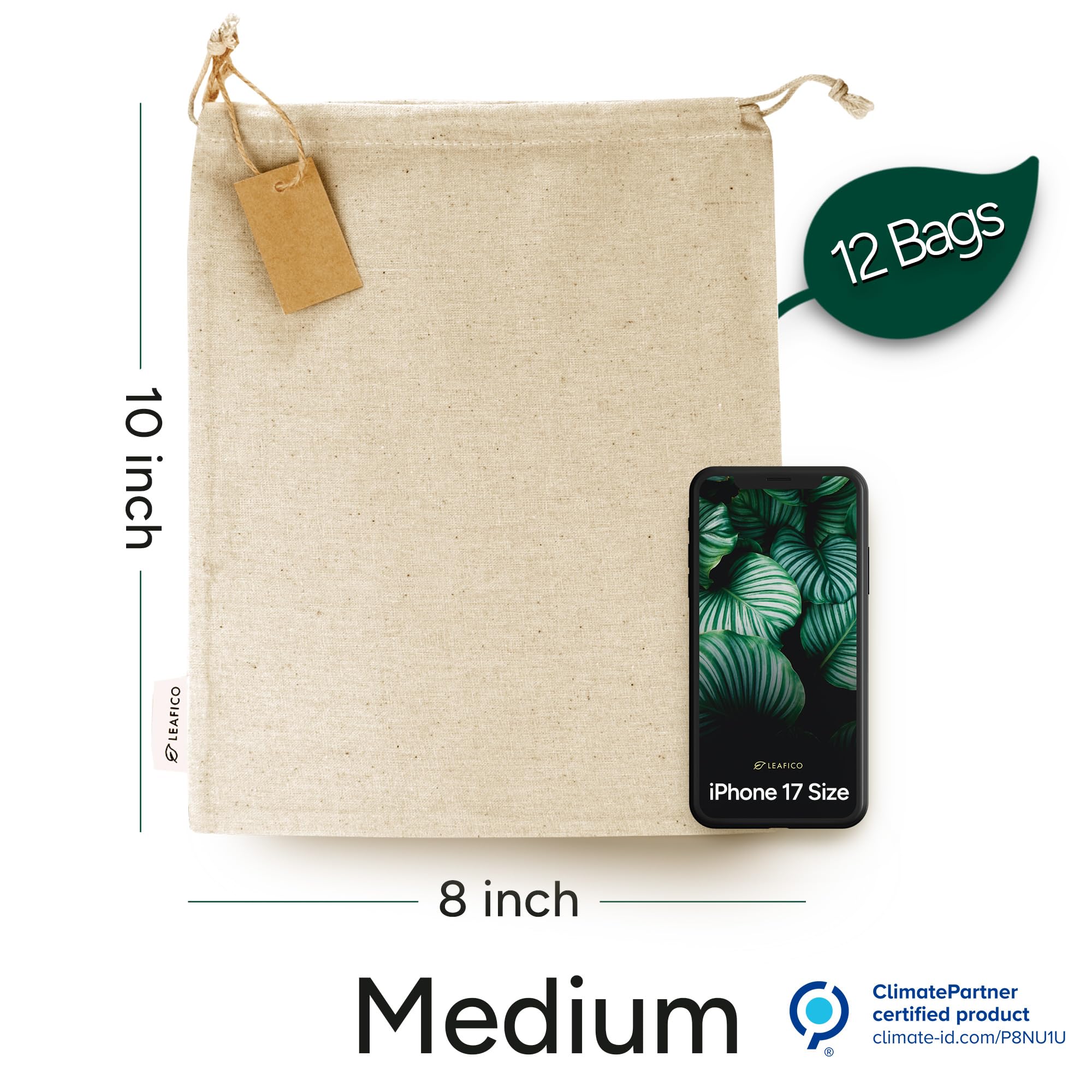 Leafico drawstring close-up showing secure storage on natural cotton bags