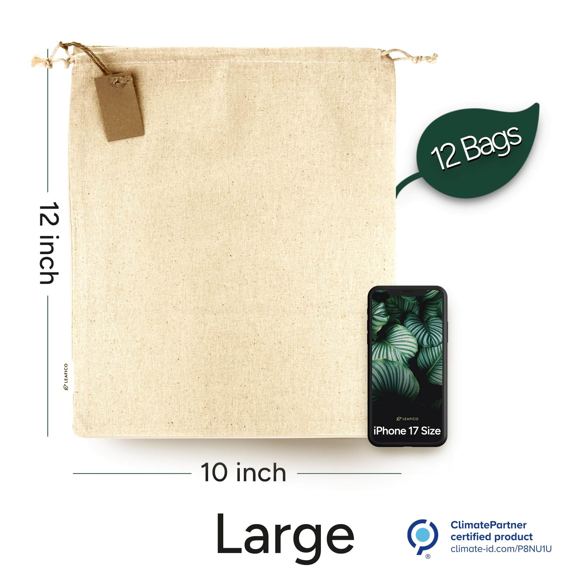 Leafico muslin drawstring bags open pack, perfect for fresh produce and travel organization.