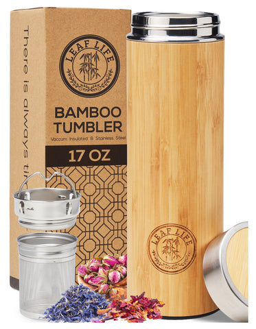 LeafLife bamboo tea bottle 17oz on the go for hot or cold drinks.