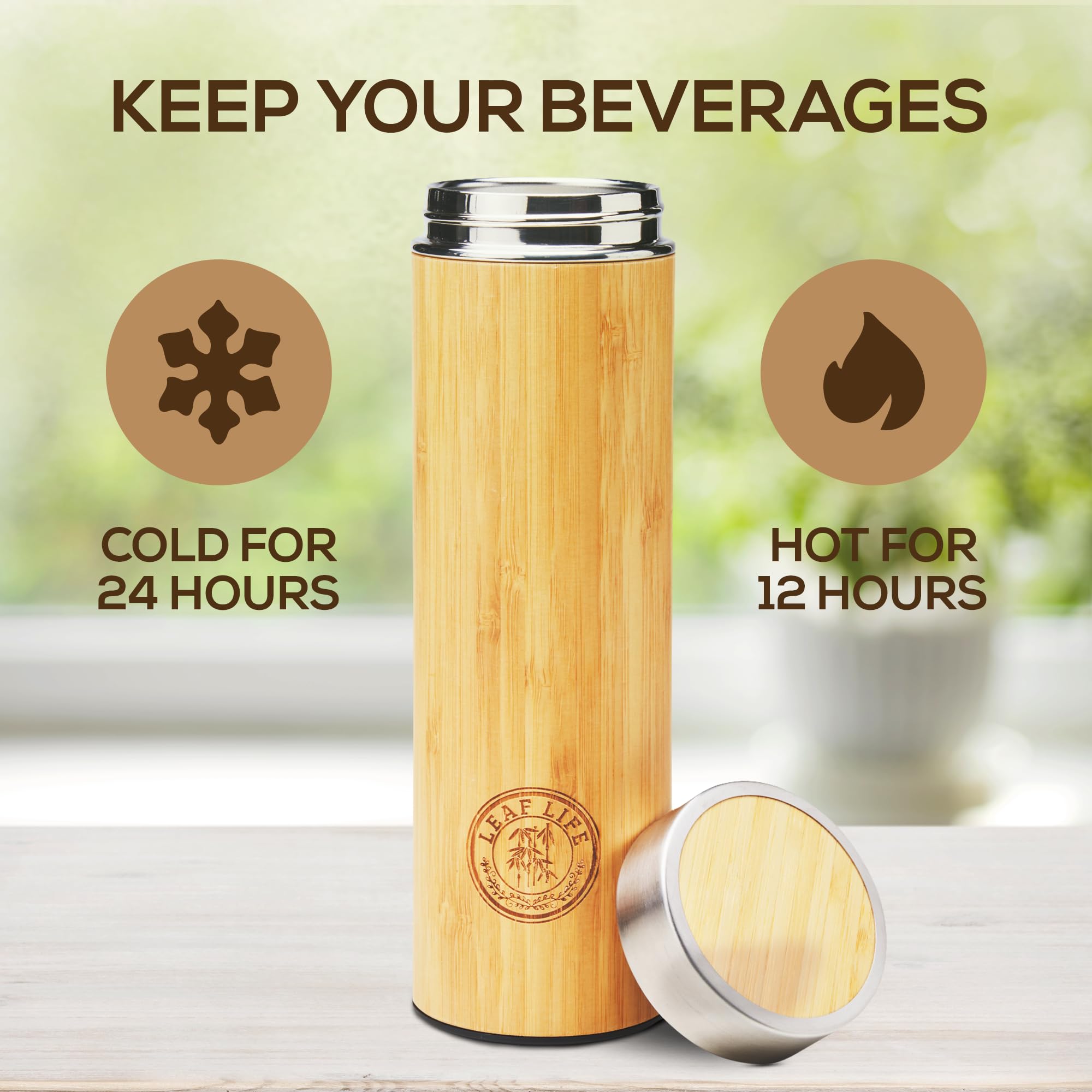 LeafLife insulated bamboo tumbler keeps drinks hot or cold during travel.