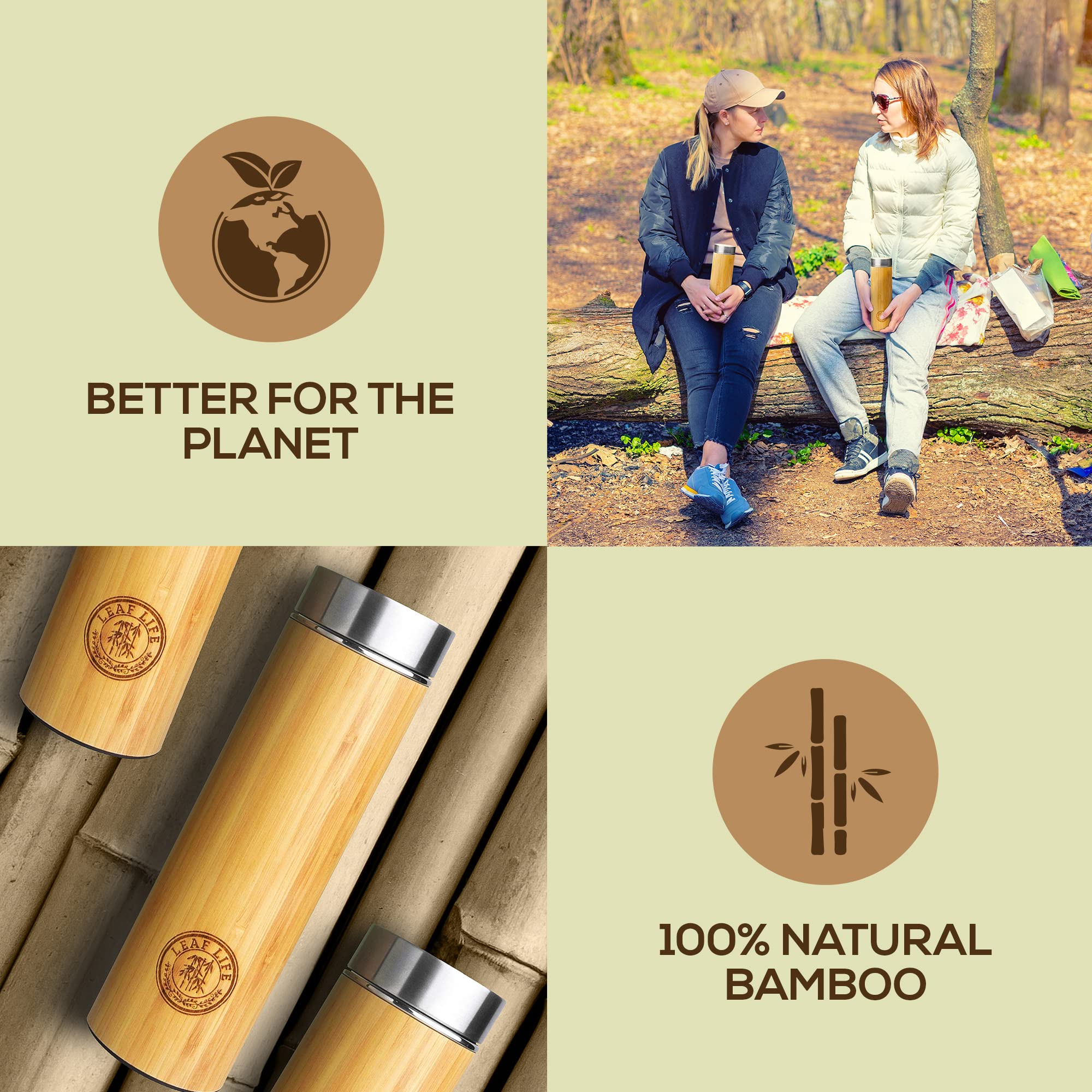 LeafLife bamboo bottle with three infusion styles for loose tea.