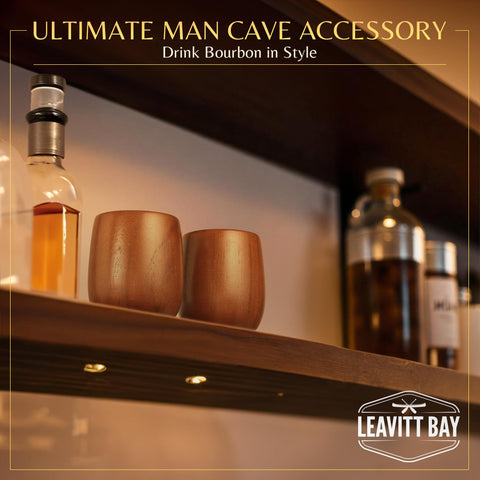 LEAVITT BAY COFFEE teak whiskey cups on a stylish home bar display.