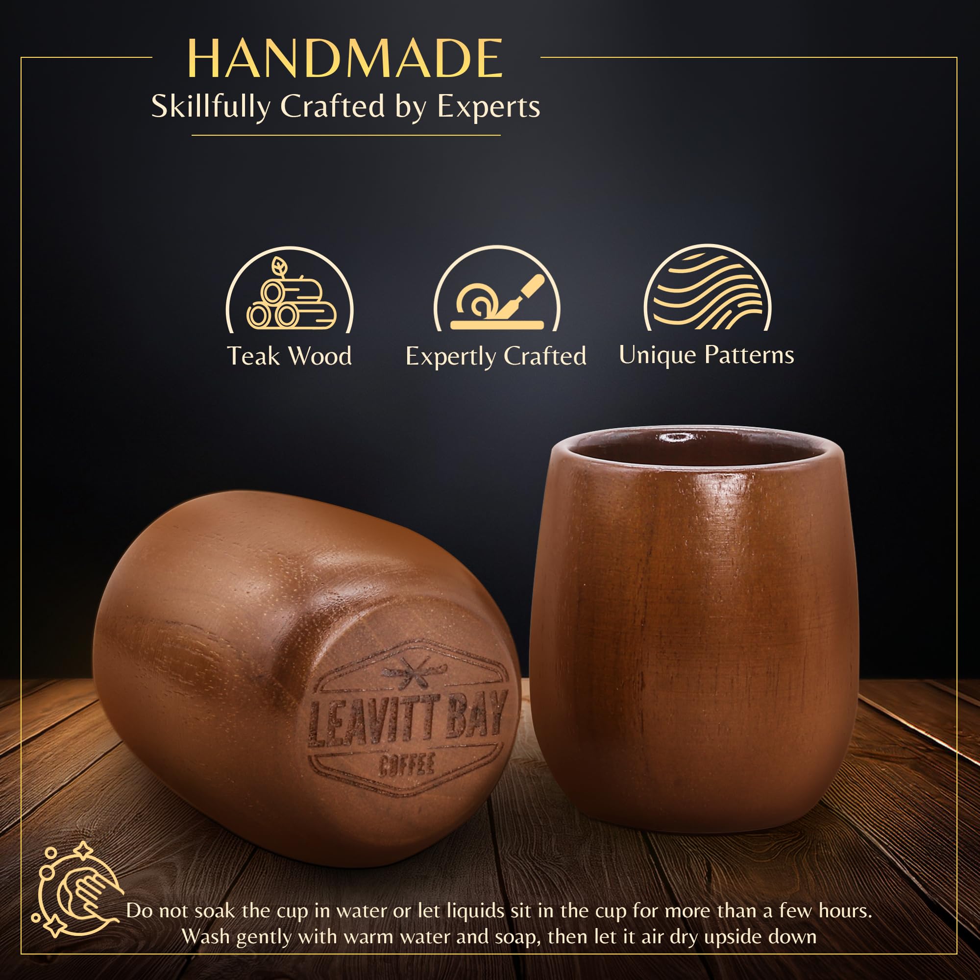 LEAVITT BAY COFFEE teak wood cups close-up shows rich grain for premium sipping.