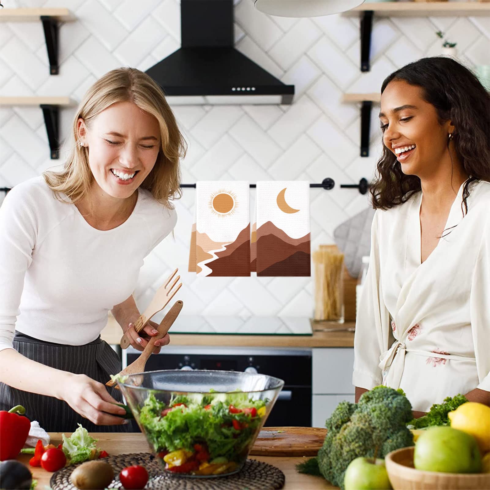 Lebsitey Boho Kitchen Towels hanging on an oven handle for convenient access