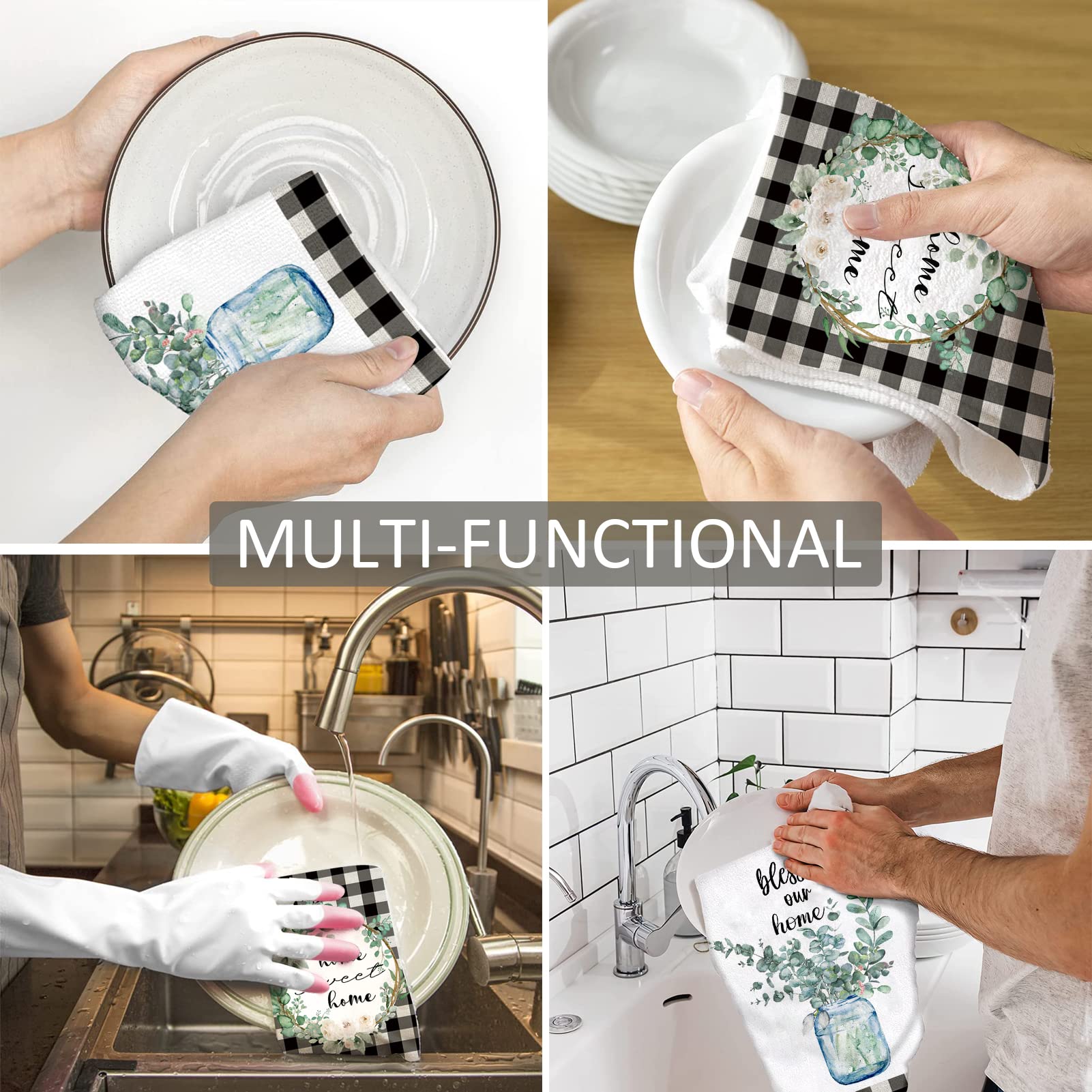 Lebsitey eucalyptus leaves dish towel home sweet home slogan adds coziness.