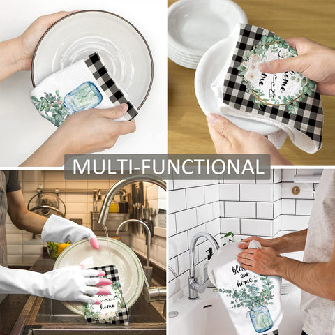 Lebsitey eucalyptus leaves dish towel home sweet home slogan adds coziness.