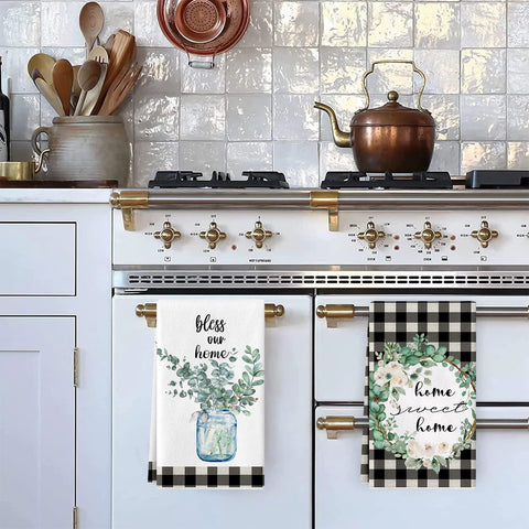 Lebsitey eucalyptus leaves dish towel features buffalo plaid design for stylish kitchen décor.
