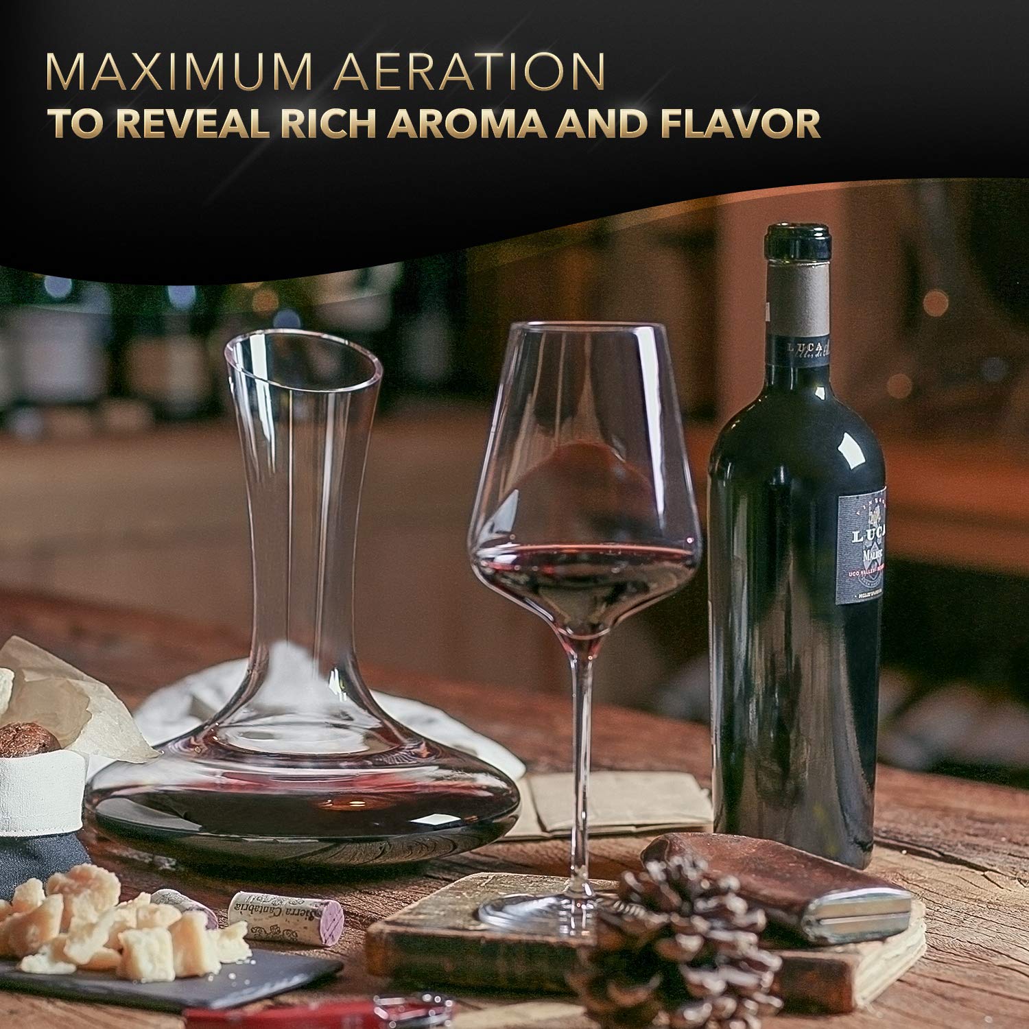 Le Chateau hand-blown crystal decanter showcases exceptional clarity during tastings