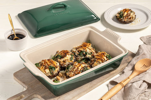 Le Creuset Olive casserole with lid locks in moisture for serving