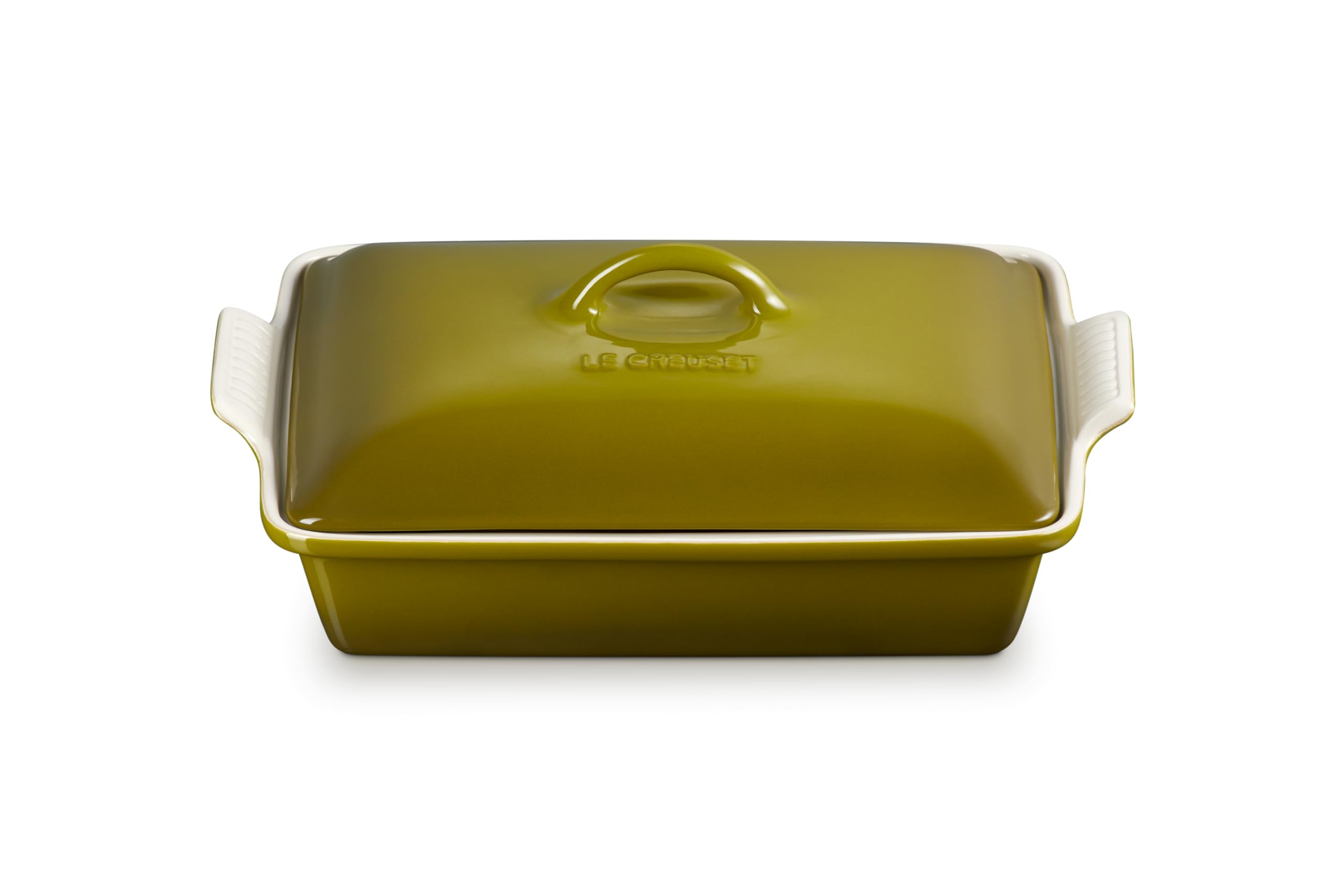 Le Creuset Heritage Rectangular Casserole Olive ready for oven with even heat