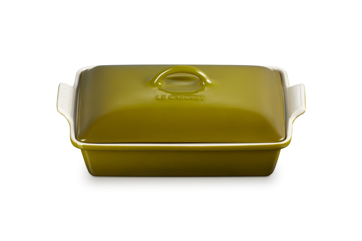 Le Creuset Heritage Rectangular Casserole Olive ready for oven with even heat