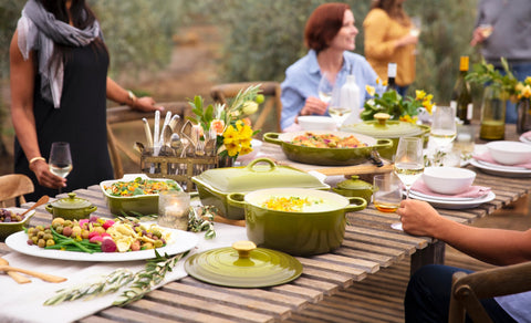 Le Creuset Heritage Rectangular Casserole Olive served at table keeps food warm