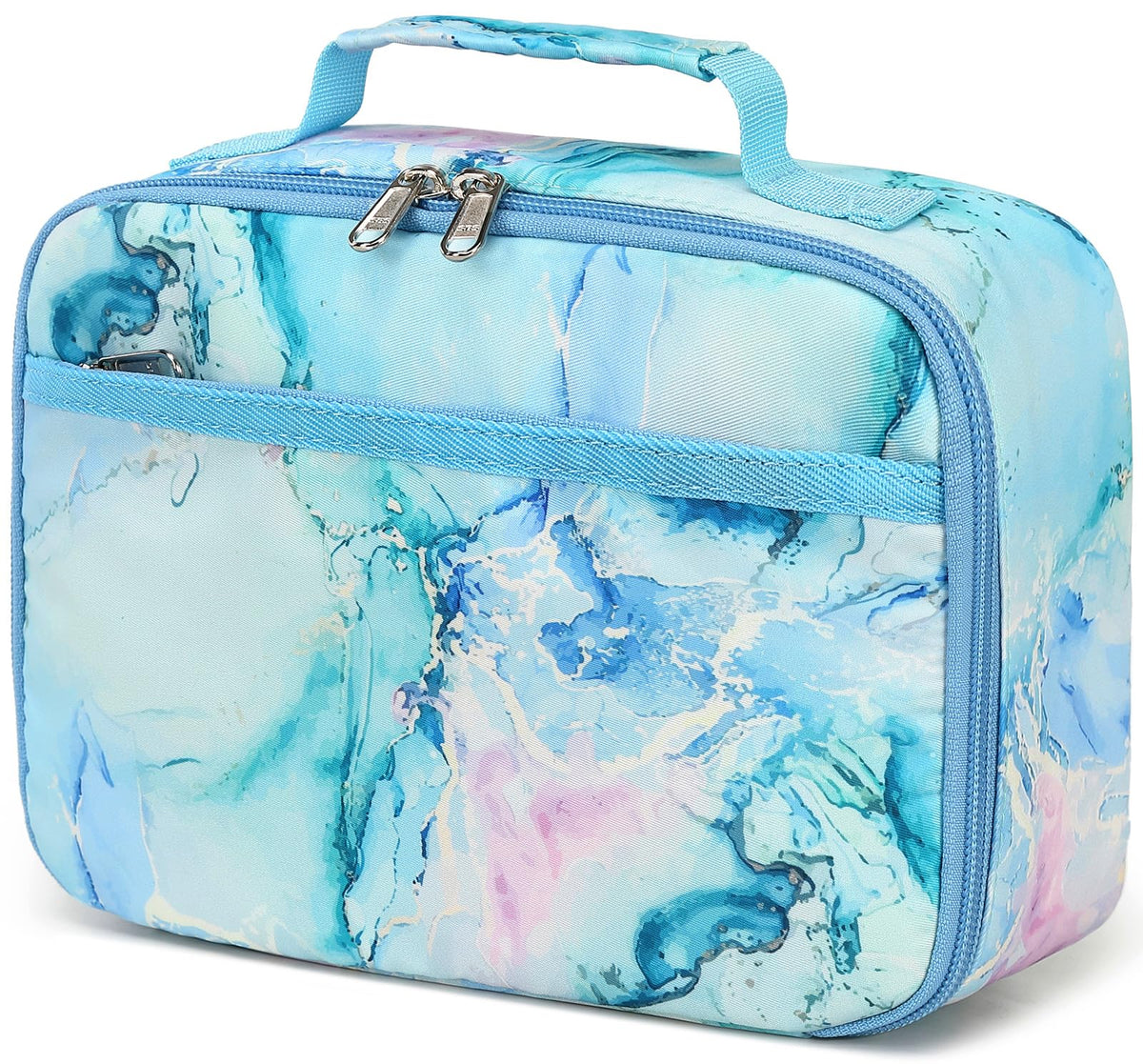 LEDAOU Marble Blue lunch bag front view with marble pattern for school lunches