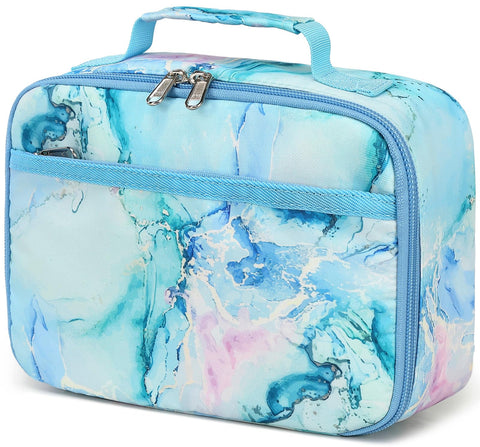 LEDAOU Marble Blue lunch bag front view with marble pattern for school lunches
