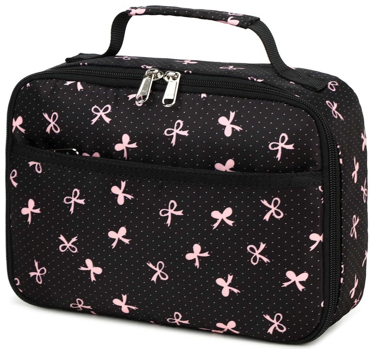 LEDAOU lunch box front view shows black-pink bow for stylish school days.