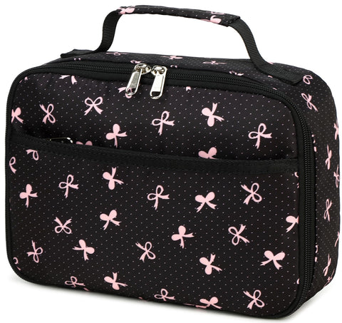 LEDAOU lunch box front view shows black-pink bow for stylish school days.