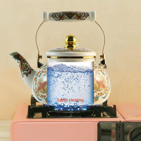 Leebright enamel kettle closeup reveals glaze and sturdy build