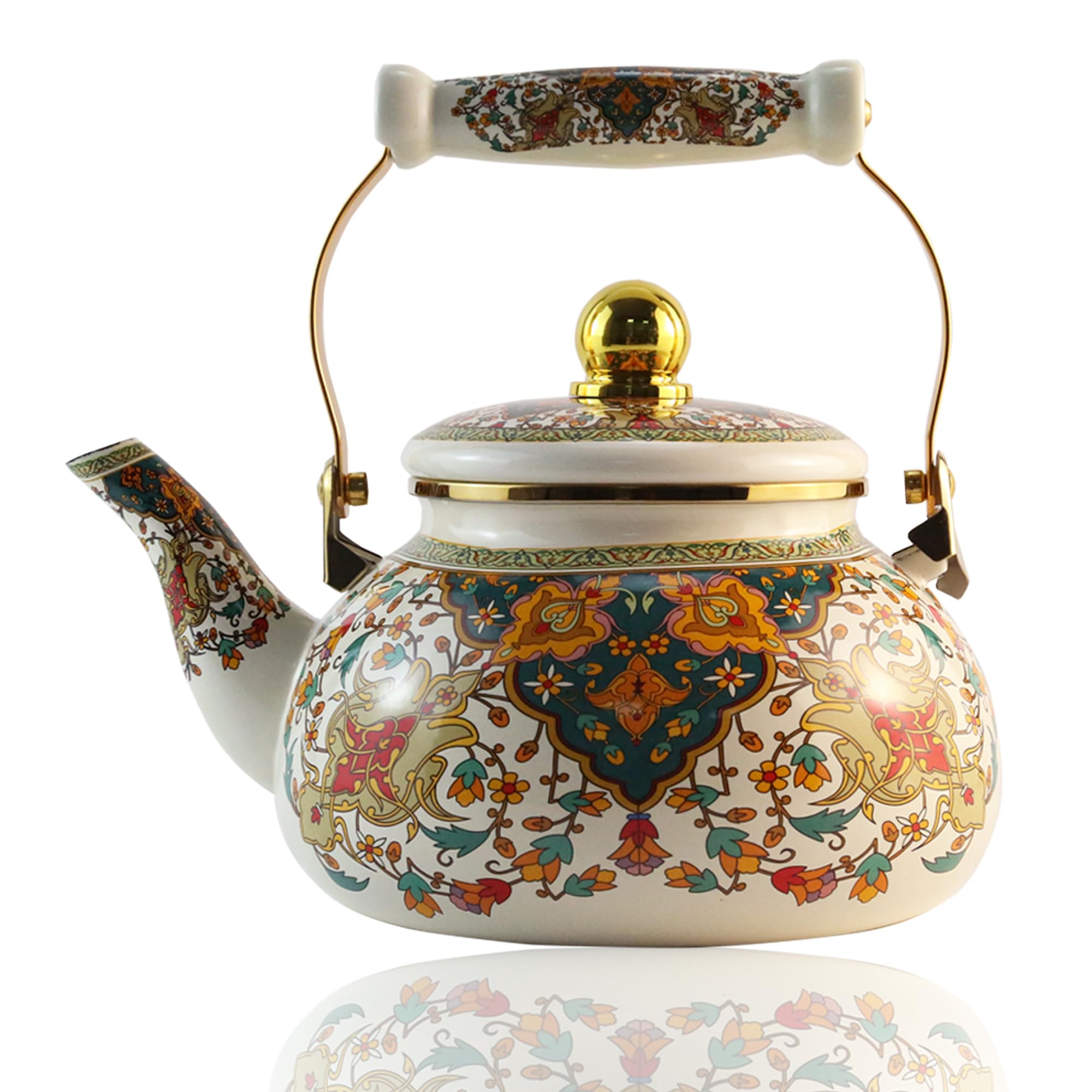 Leebright floral enamel tea kettle front view shows 2.5L capacity and vintage charm