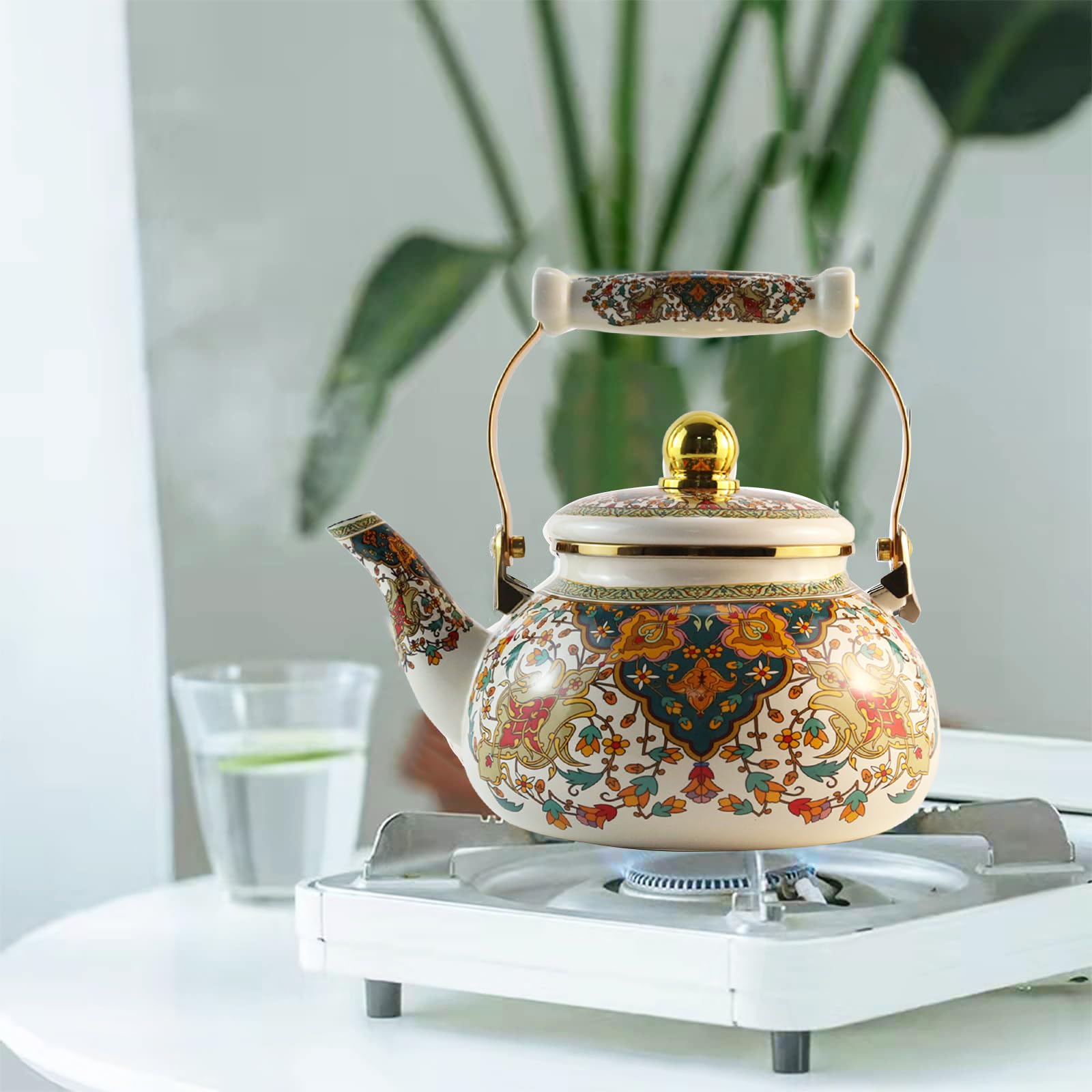 Leebright floral enamel kettle on kitchen counter as decor