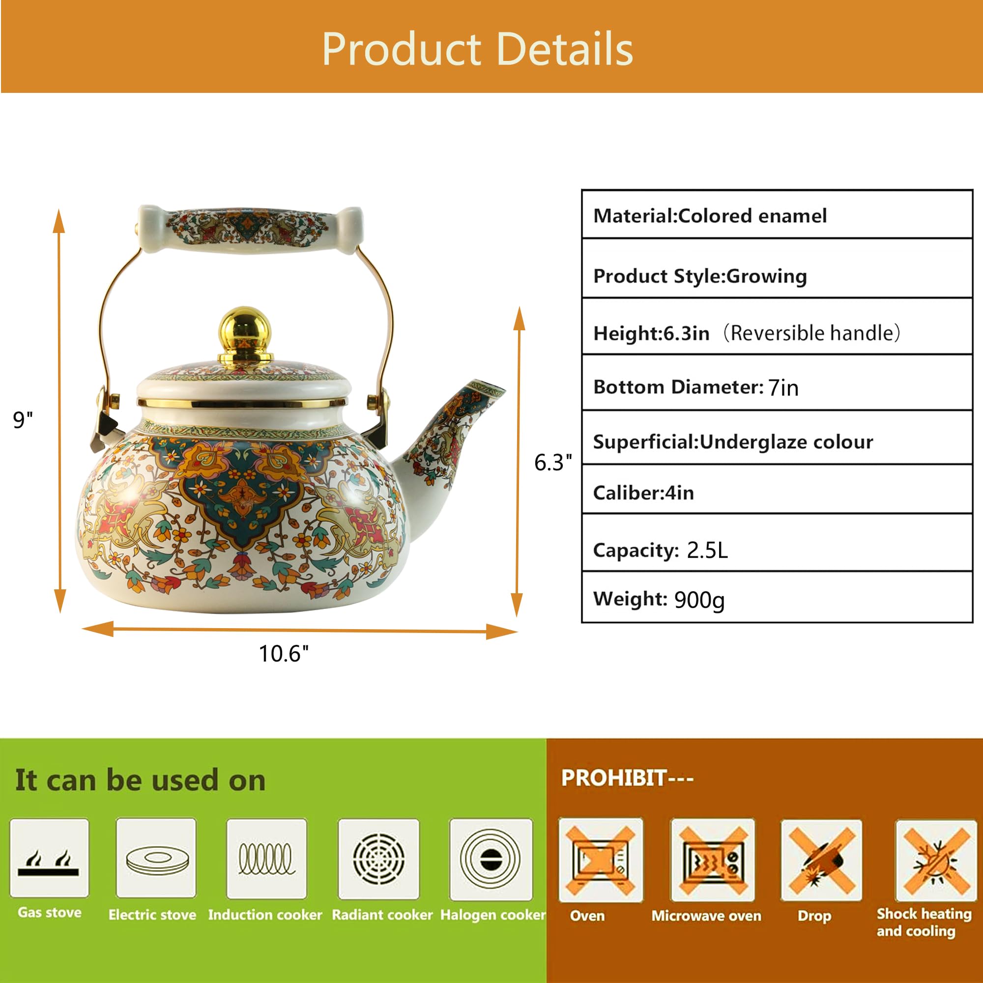 Leebright floral enamel tea kettle side profile highlights floral details