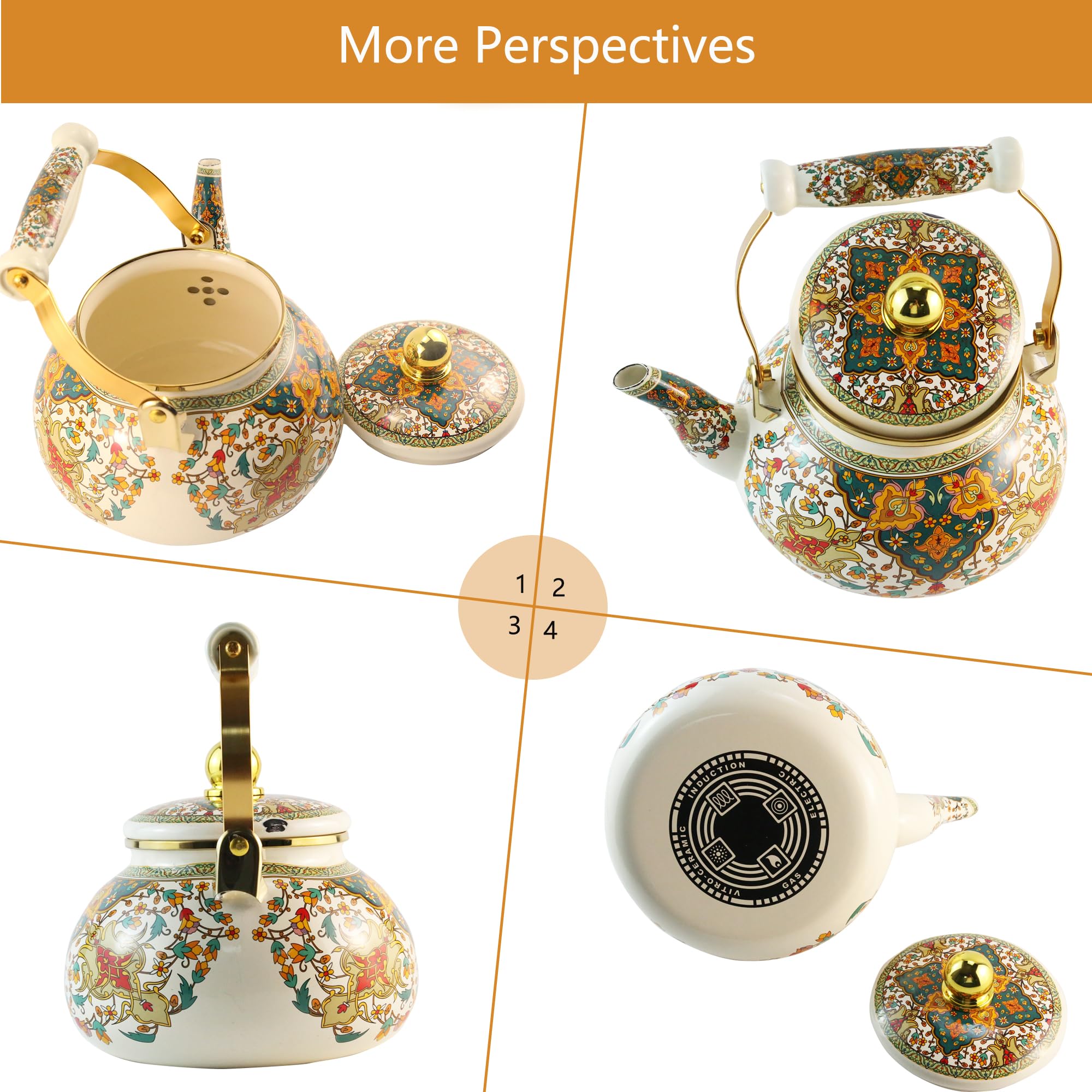 Leebright floral enamel tea kettle top view with ceramic handle