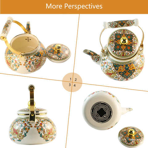 Leebright floral enamel tea kettle top view with ceramic handle