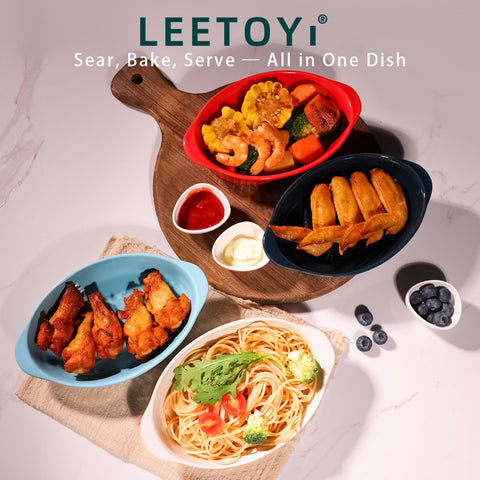 LEETOYI dual-handle porcelain bake dish in turquoise for easy transport