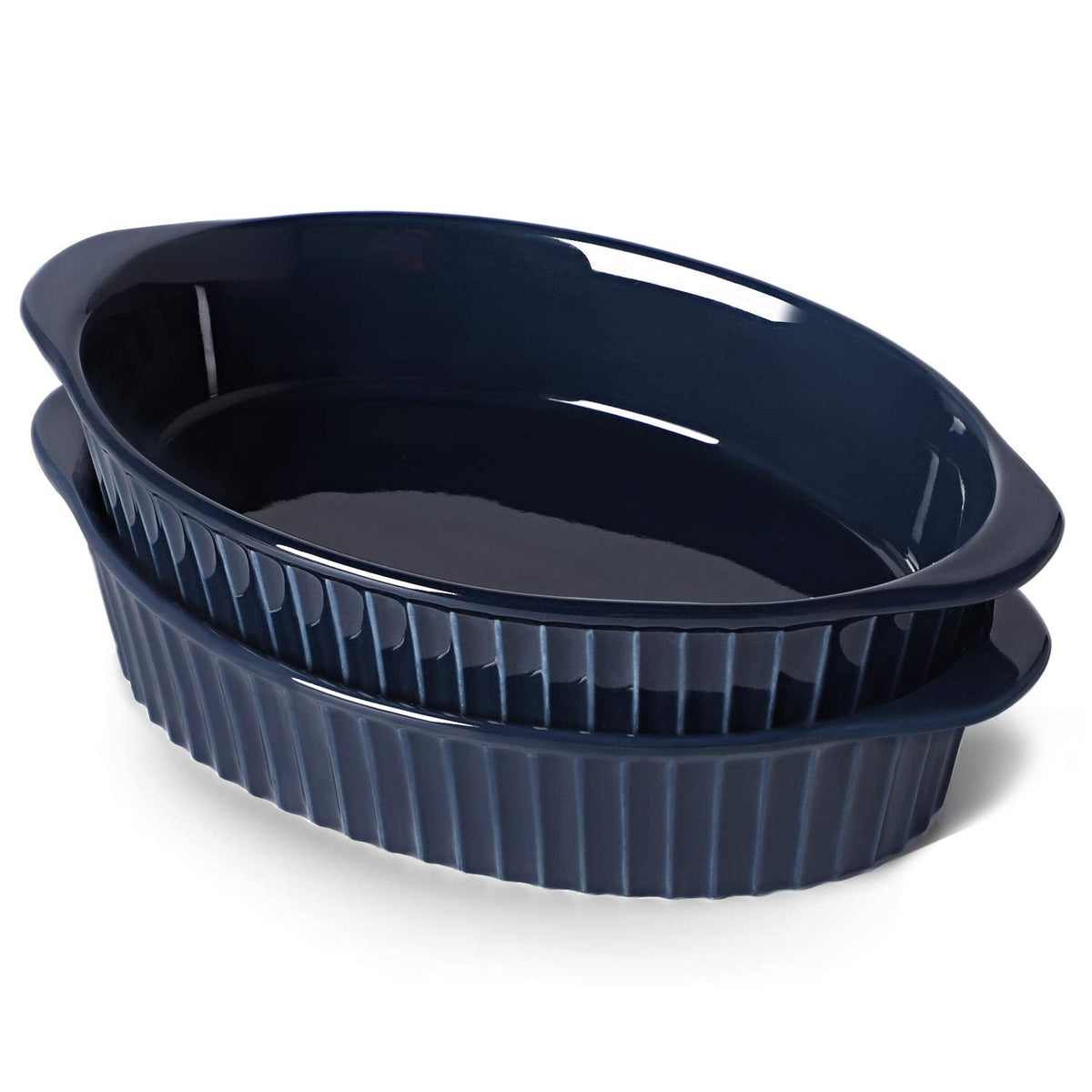 LEETOYI porcelain oval gratin dish navy close-up shows smooth glaze for easy cleaning