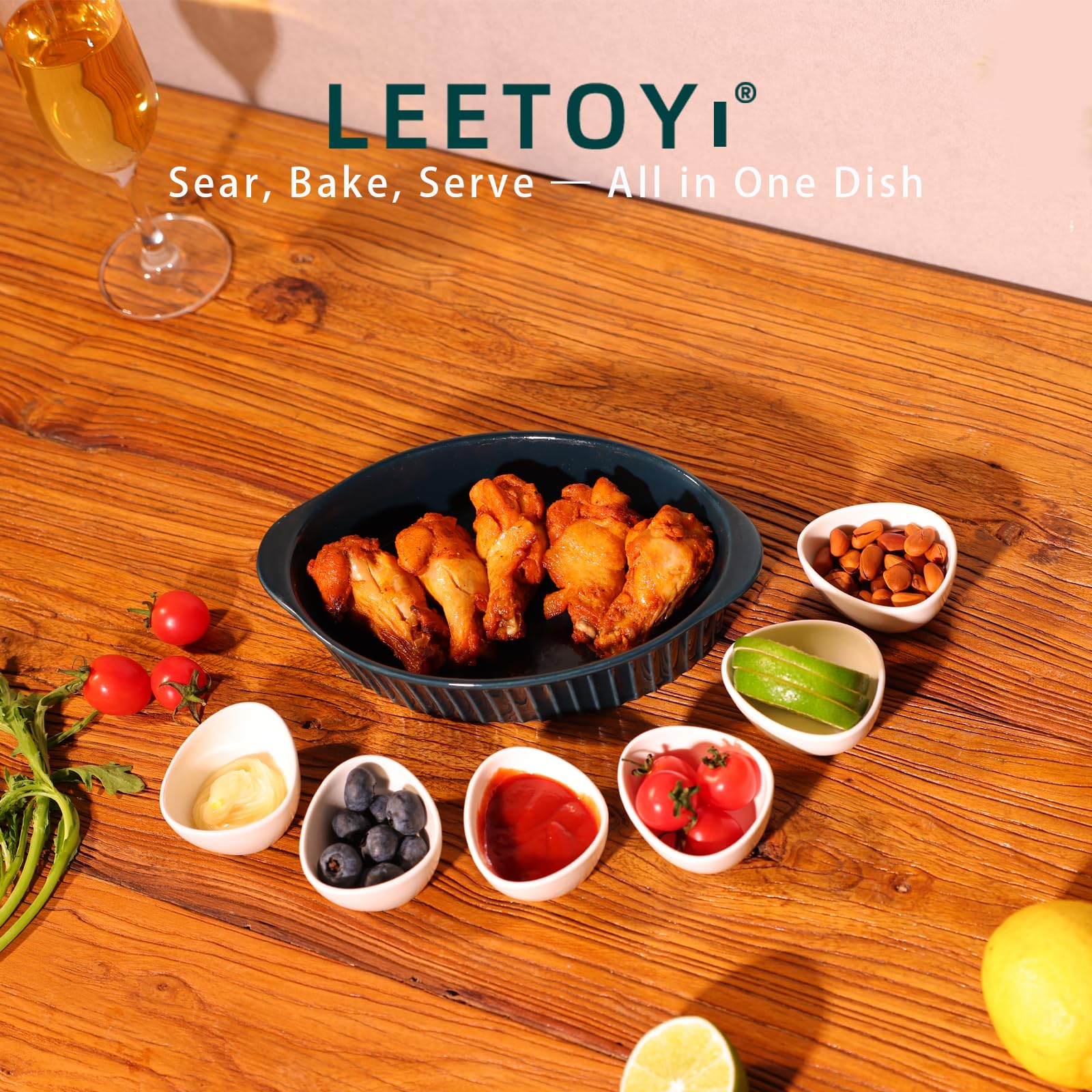 LEETOYI porcelain oval gratin dish navy double-handle for easy serving