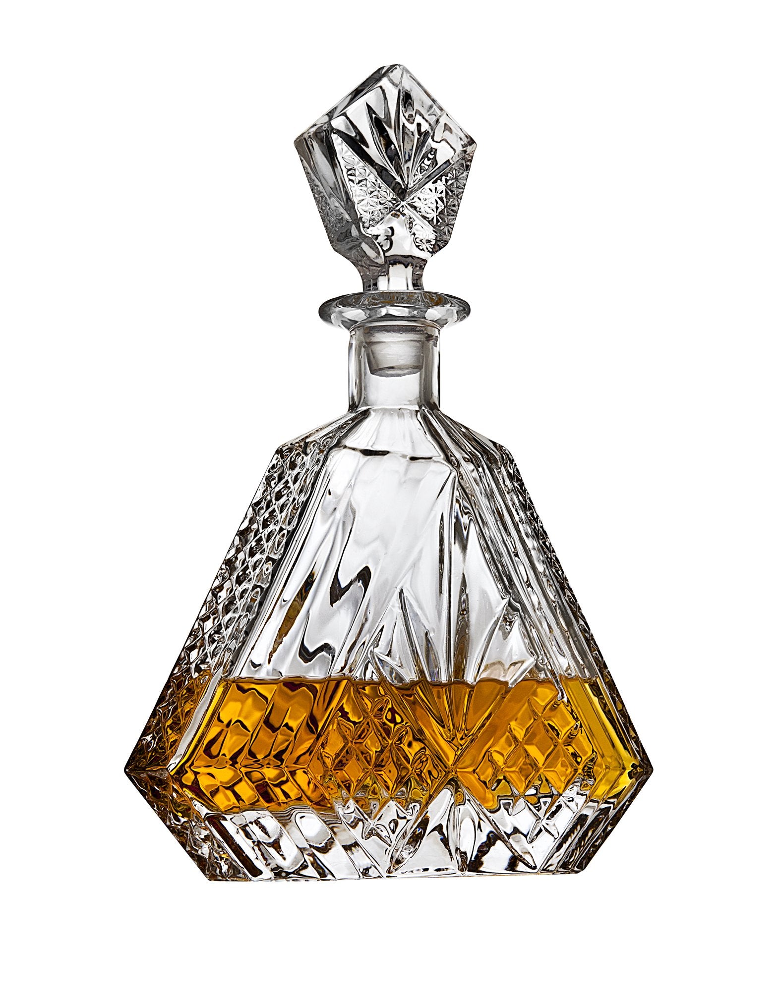 Lefonte lead crystal decanter showcases clear visibility of spirits.