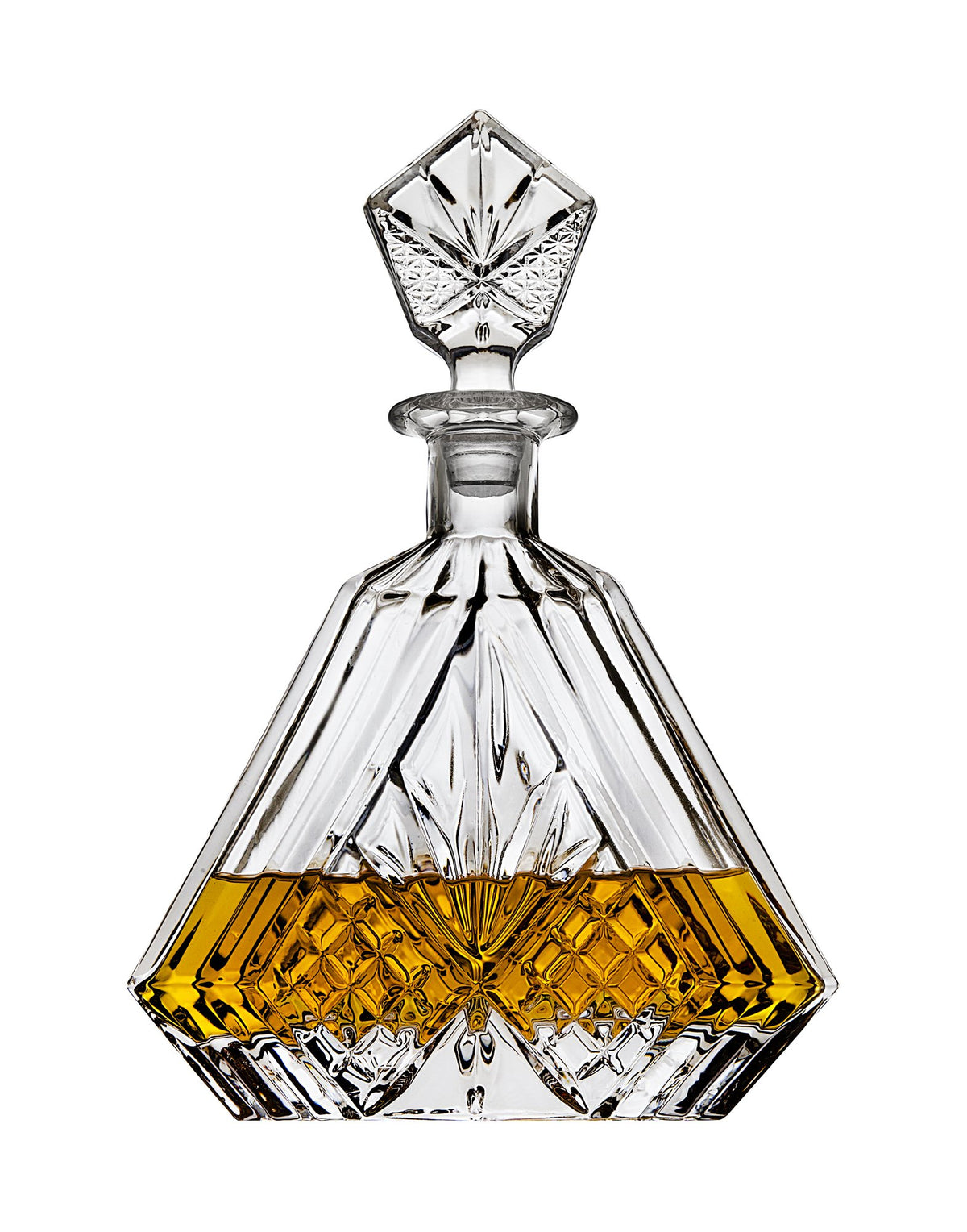 Lefonte whiskey decanter triangular Irish-cut shape for elegant presentation.
