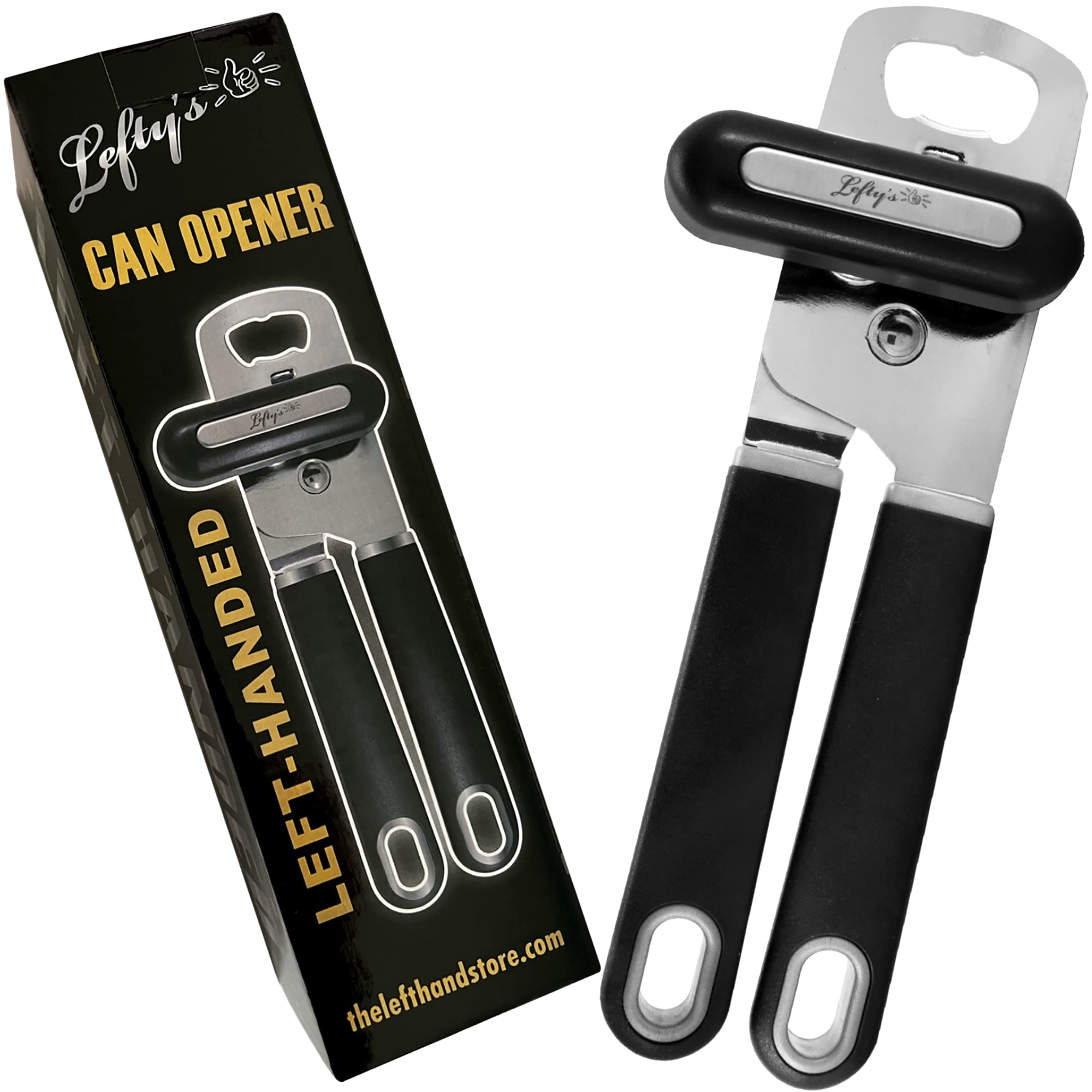 Lefty’s Left-Handed Can Opener premium black finish supports smooth left-handed operation.