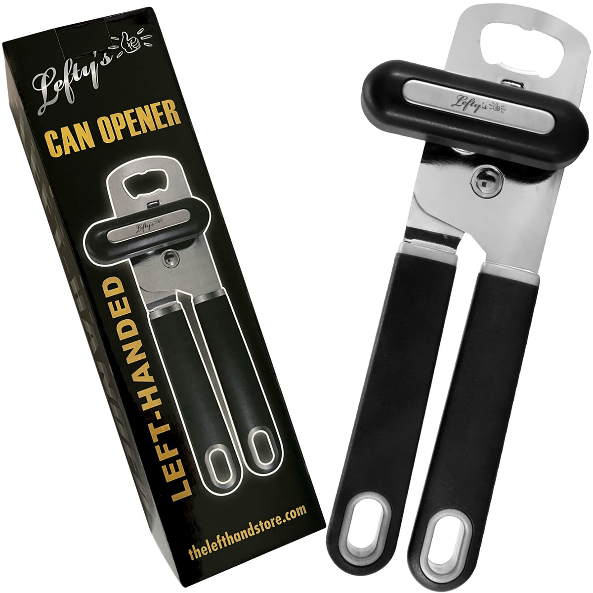 Lefty’s Left-Handed Can Opener premium black finish supports smooth left-handed operation.