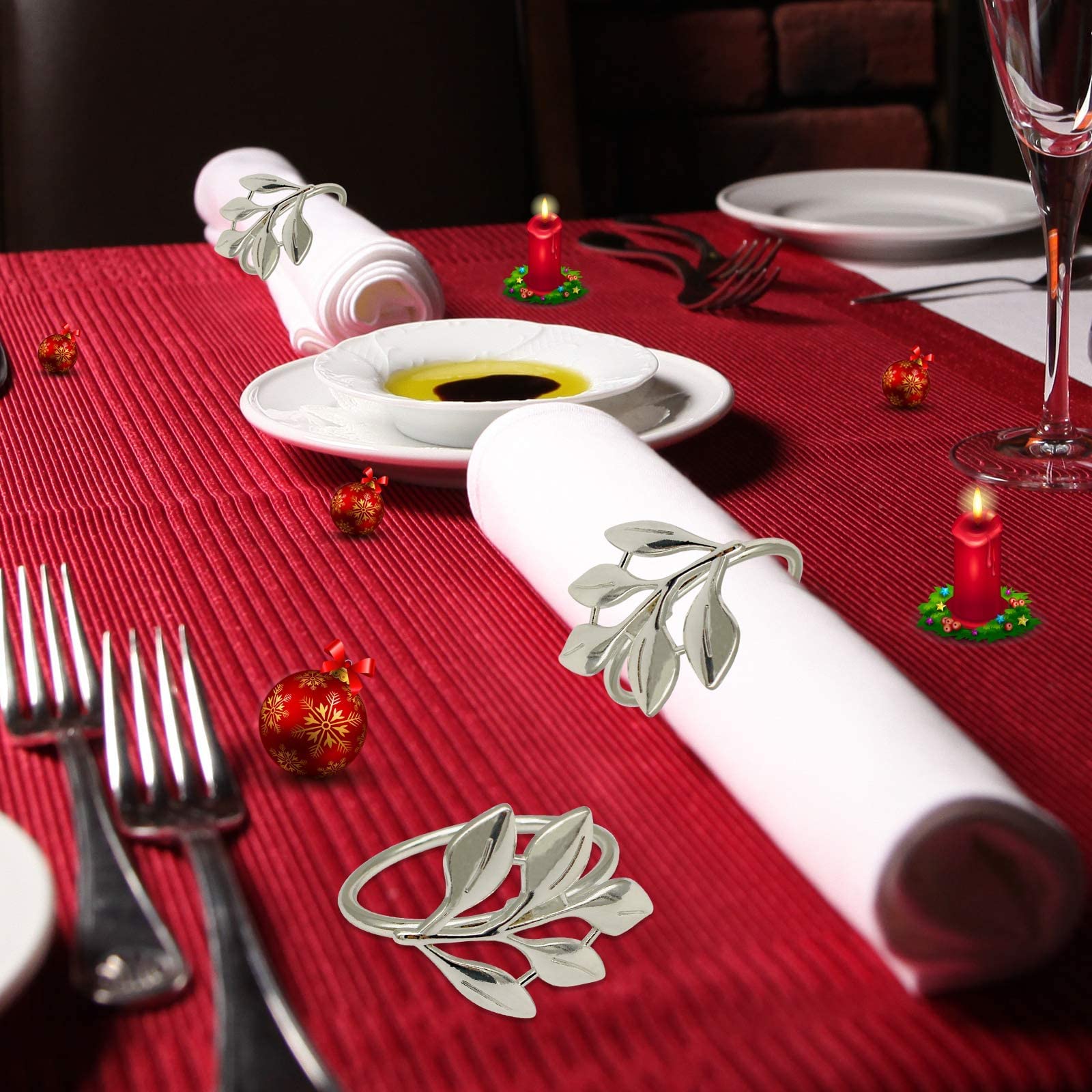 Legigo sliver leaf napkin ring enhances wedding banquet tables.