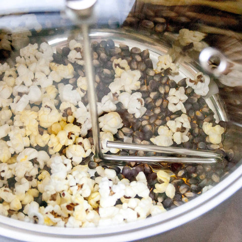 Lehman's popper lid with oversized steam holes for crispy kernels.