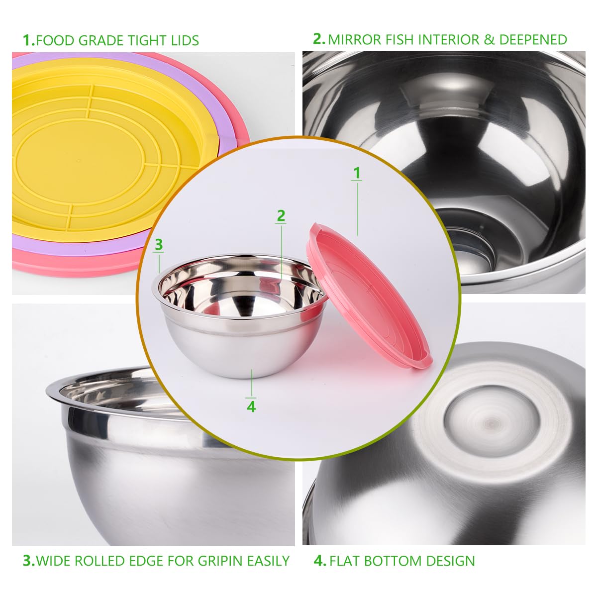 Leidawn bowls with colorful lids for quick food identification and freshness