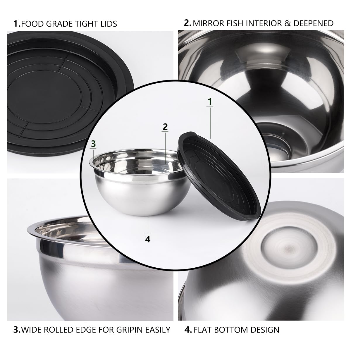 Leidawn stainless steel bowls with a mirror interior for easy mixing.