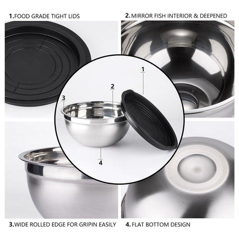 Leidawn stainless steel bowls with a mirror interior for easy mixing.