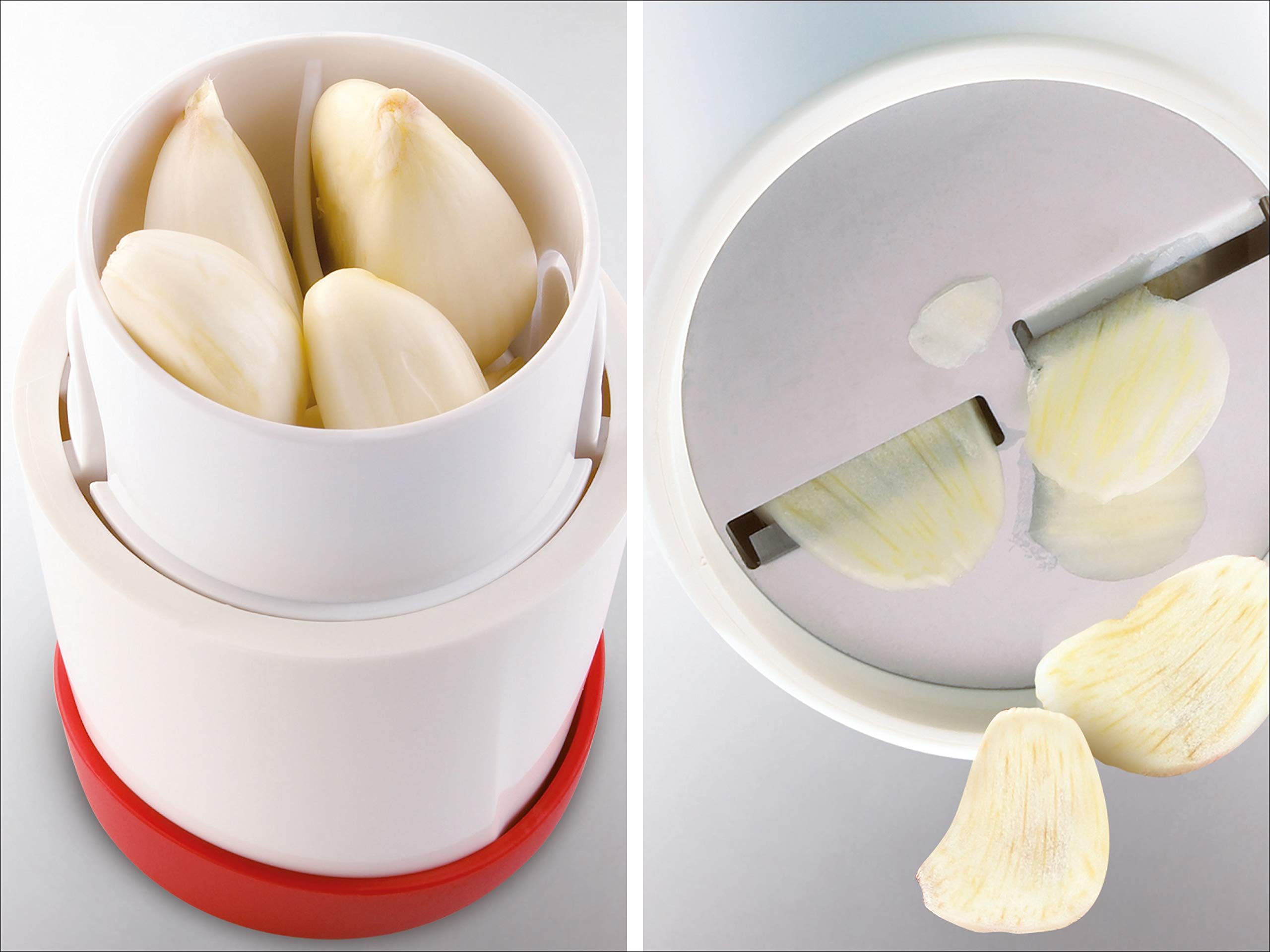 Leifheit Gourmet Garlic Slicer used over pot for direct, mess-free slicing
