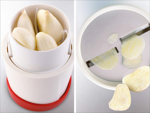 Leifheit Gourmet Garlic Slicer used over pot for direct, mess-free slicing