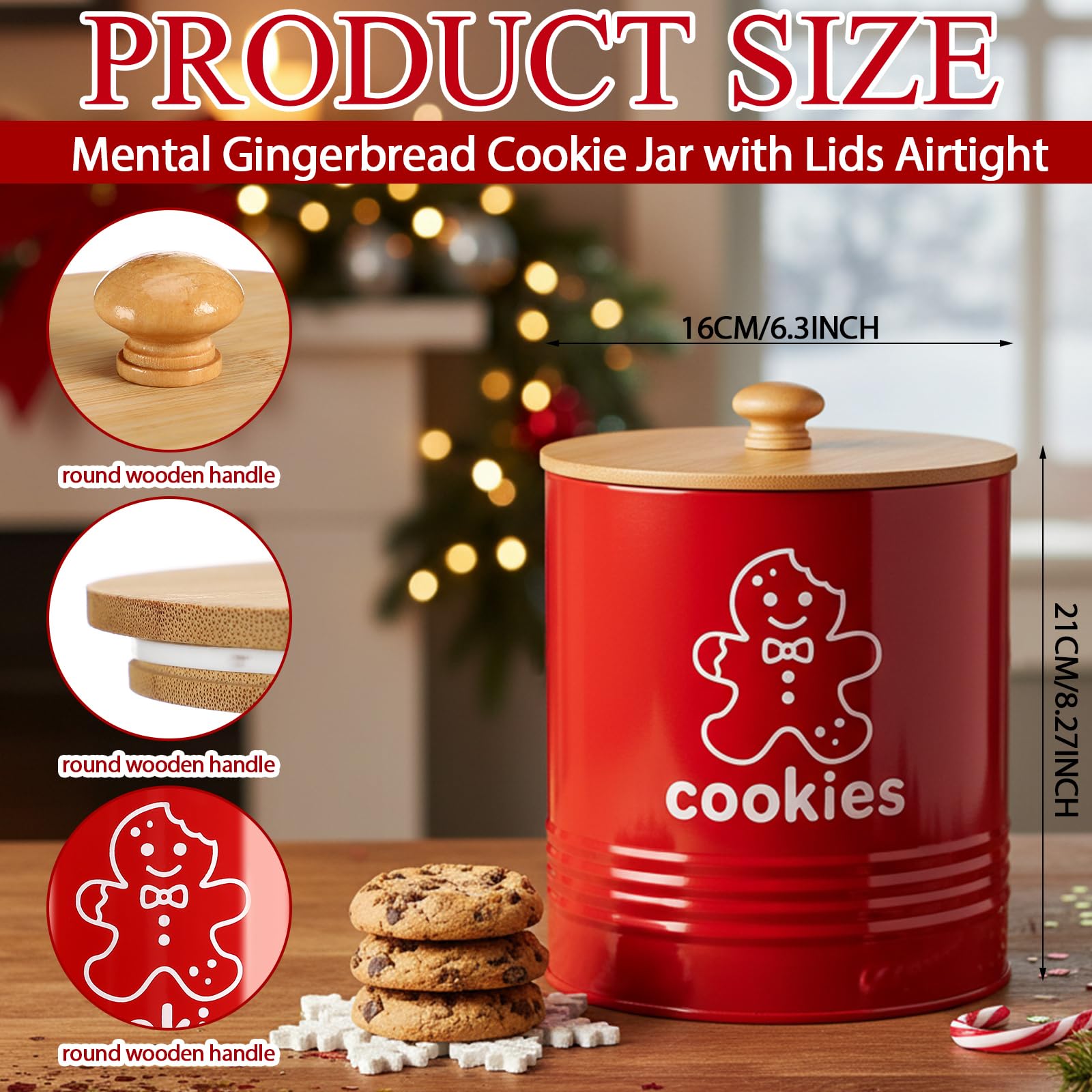 LEIFIDE Gingerbread Man Cookie Jar with airtight bamboo lid keeps cookies fresh and moisture-free