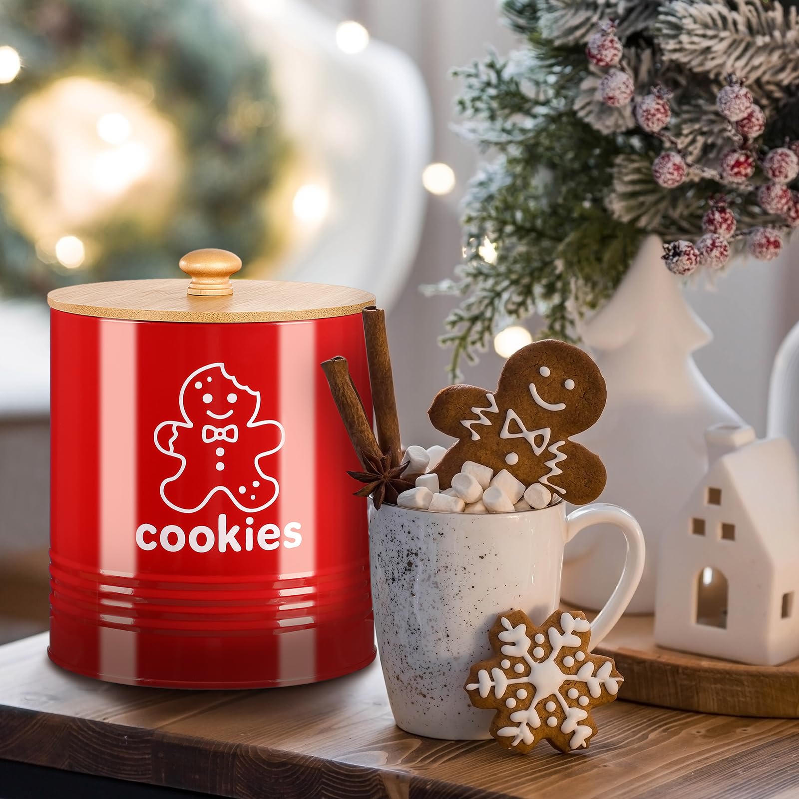 LEIFIDE Gingerbread Man Cookie Jar in red color enhances Christmas decor on kitchen shelves