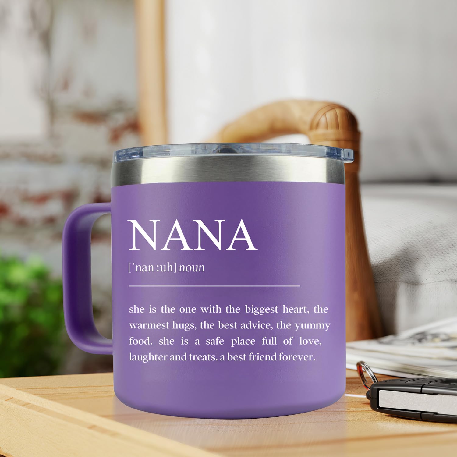 LEIOH Nana 14 oz tumbler fits car cup holders for portability.